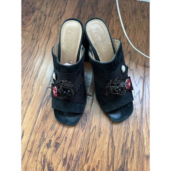 Nanette Nanette Lepore Women Marsha Mule Embellished Heels 8.5 Black Peep Toe - Picture 2 of 11